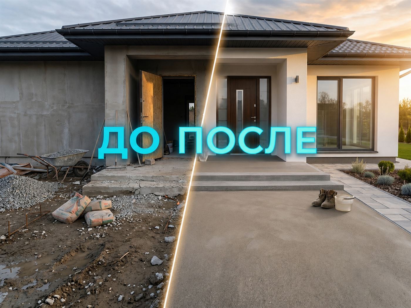 Стяжка перед домом До и После — Шымкент